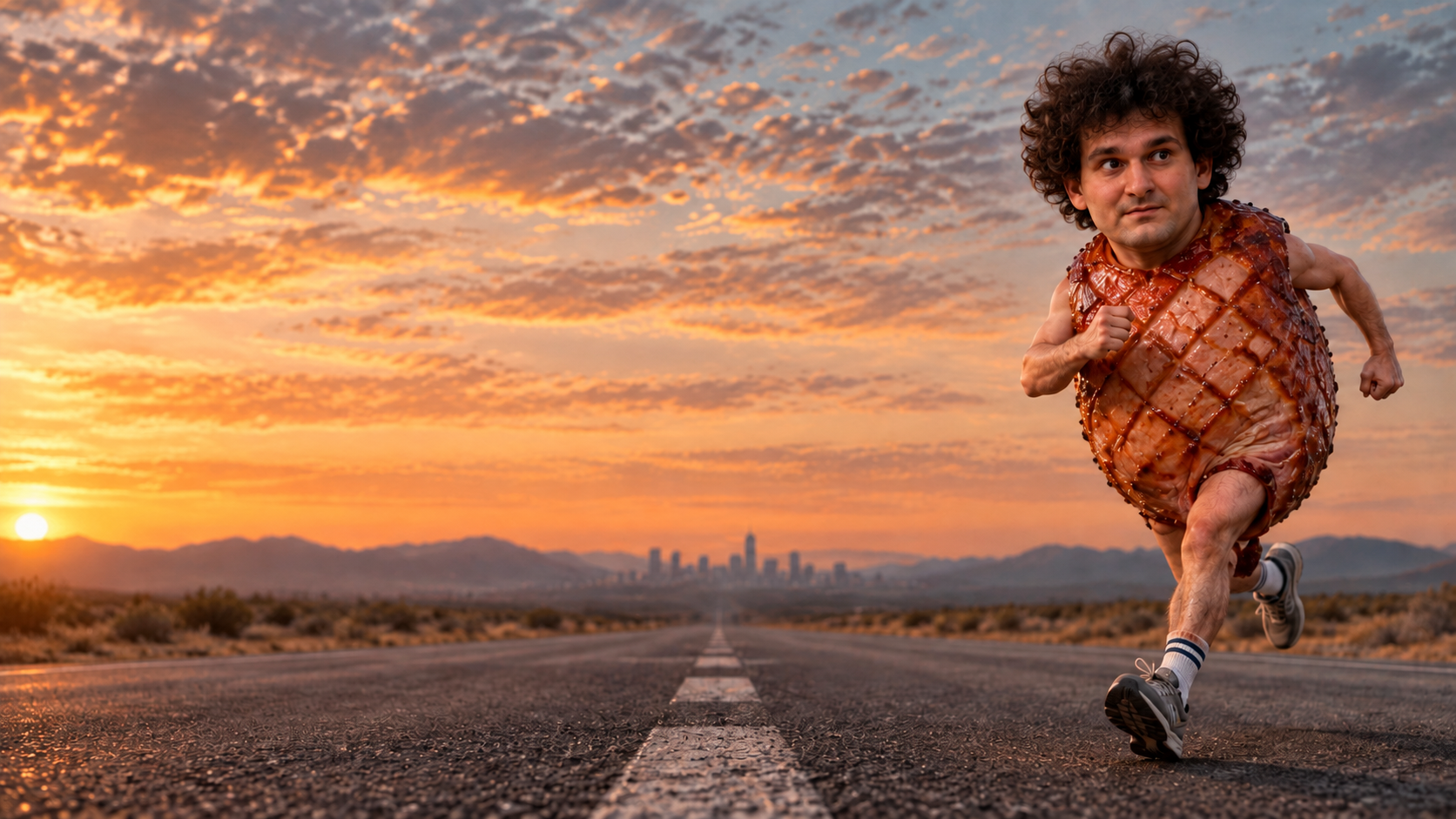 A surreal meme image of Sam Bankman-Fried running down a desert highway dressed as a glazed ham.